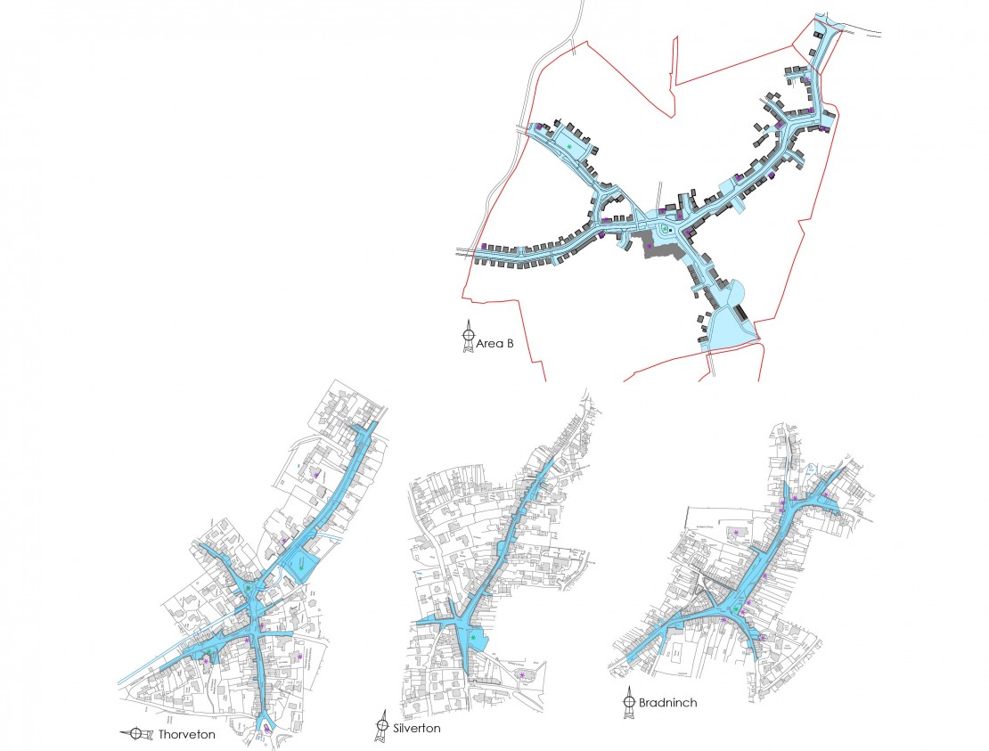 Fig.20.  Linear form of Thorverton, Bradninch, Silverton and an illustrative Area B Main Street.