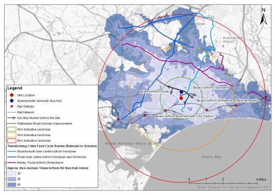 Plan showing sustainable travel options in wider area